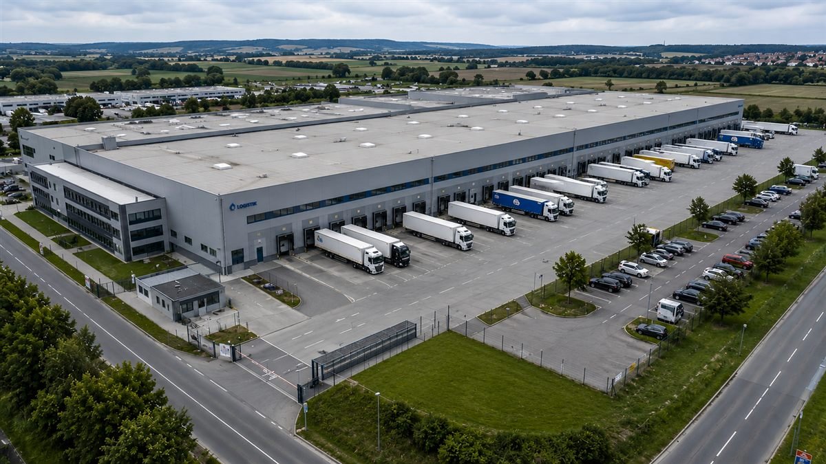 Luftaufnahme einer großen Logistikhalle mit durchgehendem Brandabschnitt und Verladerampen (KI-generiertes Bild)