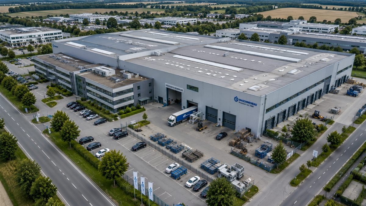 Luftaufnahme eines Industrie-Sonderbaus, für den ein Brandschutzkonzept erstellt wird (KI-generiertes Bild)