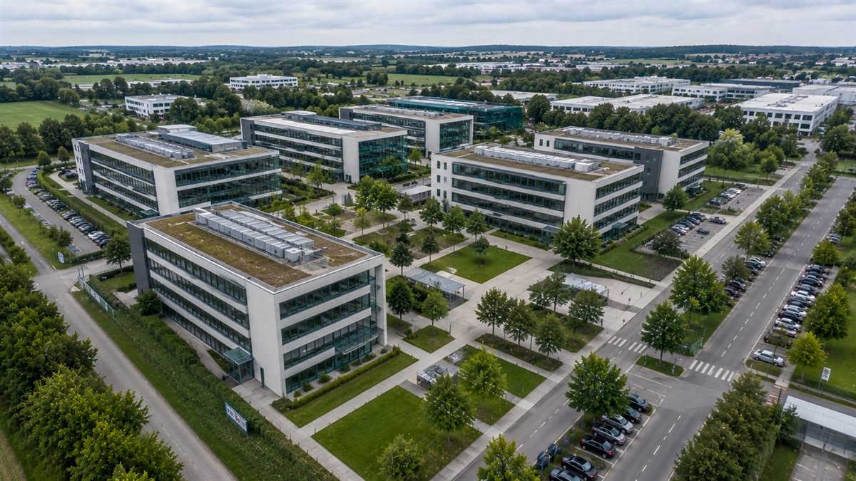 Luftaufnahme eines modernen Büro- und Verwaltungsparks mit mehreren Gebäuden (KI-generiertes Bild)