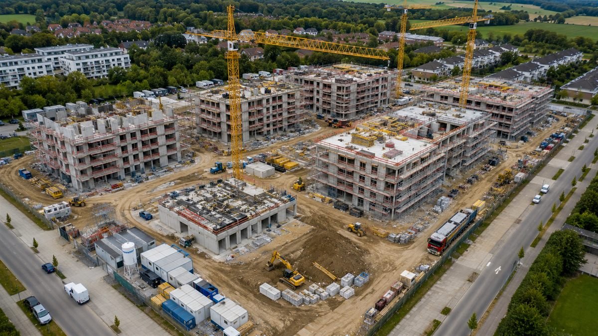 Luftaufnahme einer Baustelle mit Kränen und Rohbauten mehrerer Gebäude (KI-generiertes Bild)