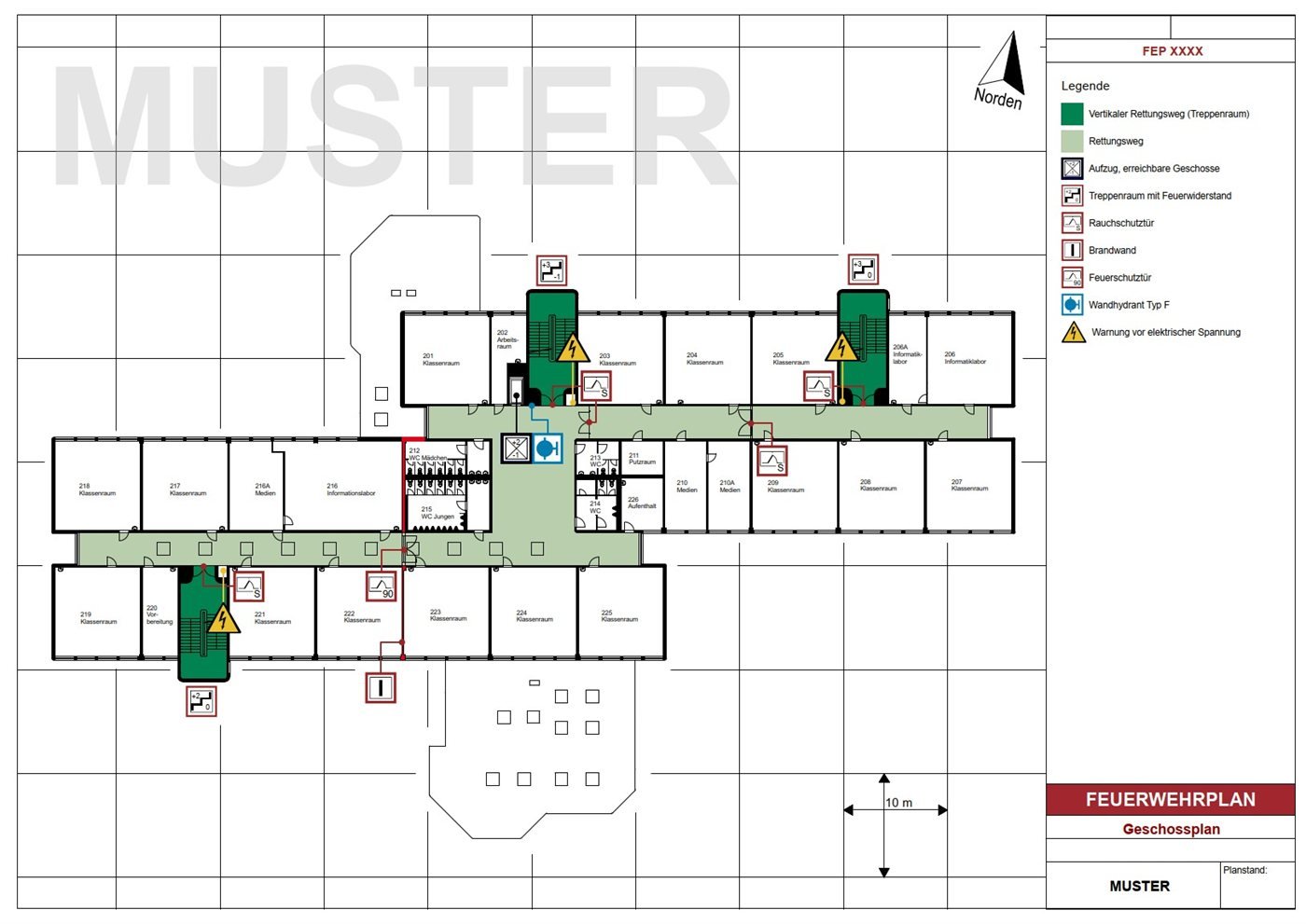 Musterhafter Feuerwehrplan mit Geschossdarstellung, Rettungswegen und Legende nach DIN 14095