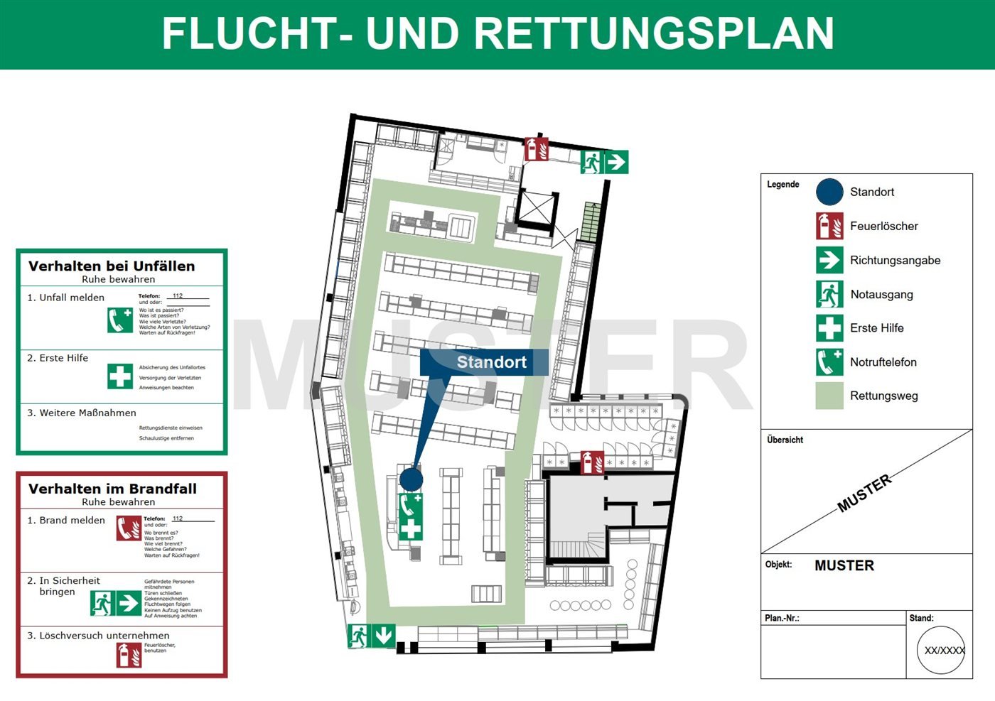 Musterhafter Flucht- und Rettungsplan mit Standortkennzeichnung, Rettungswegen und Sicherheitszeichen nach ASR A1.3