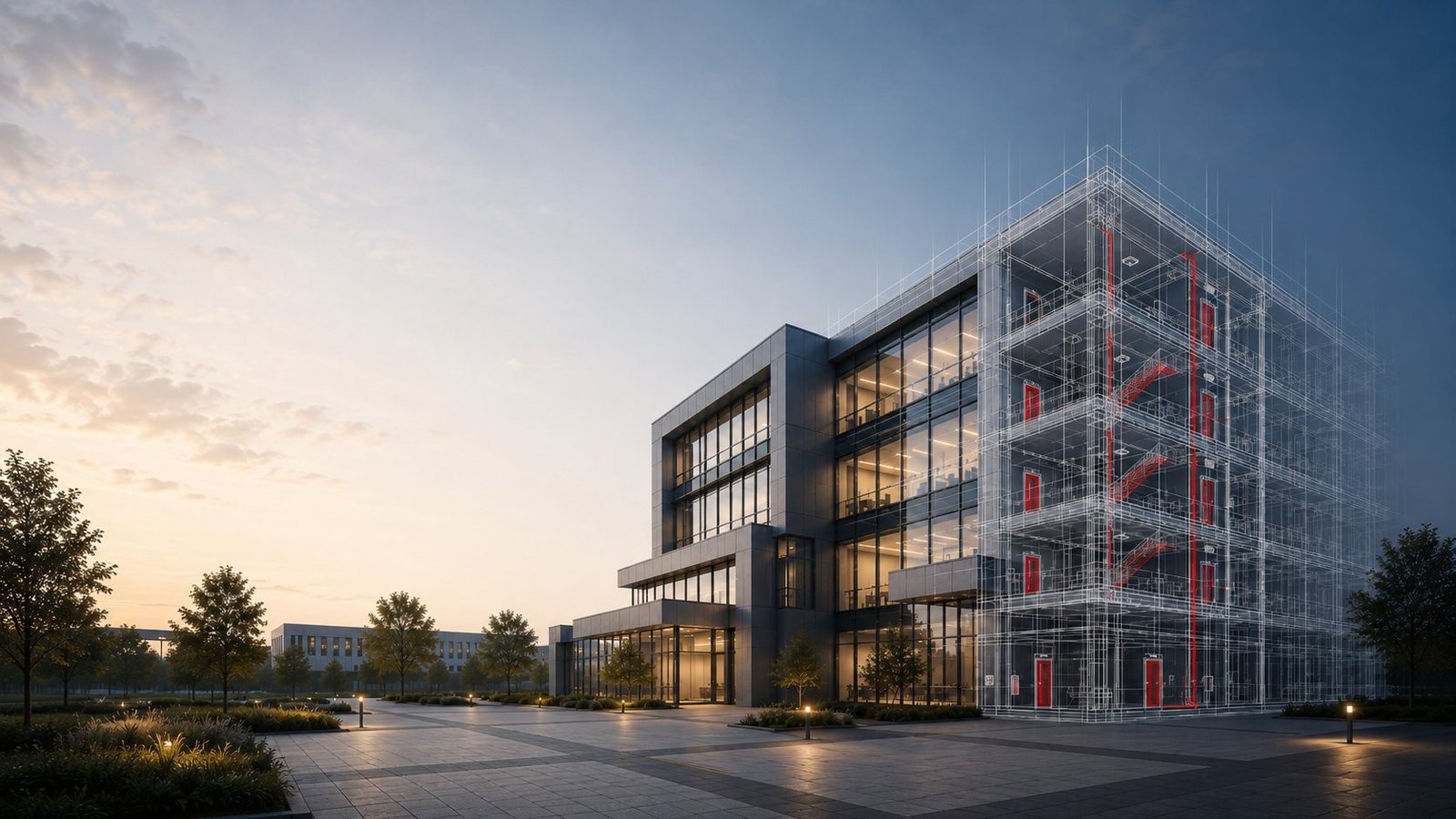 Modernes Bürogebäude, zur Hälfte als technische Brandschutz-Planzeichnung mit rot markierten Fluchtwegen dargestellt