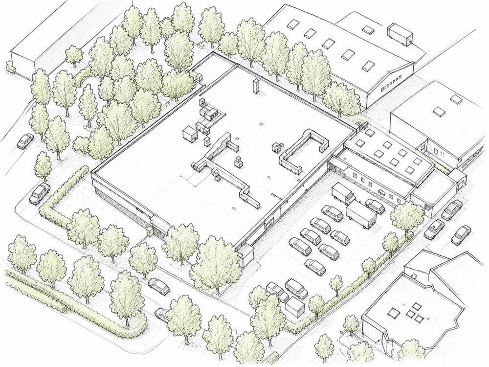 Architekturskizze eines Industriegebäudes mit Parkplatz und Grünstreifen, für das wir den Brandschutznachweis sowie Feuerwehrpläne erstellt haben