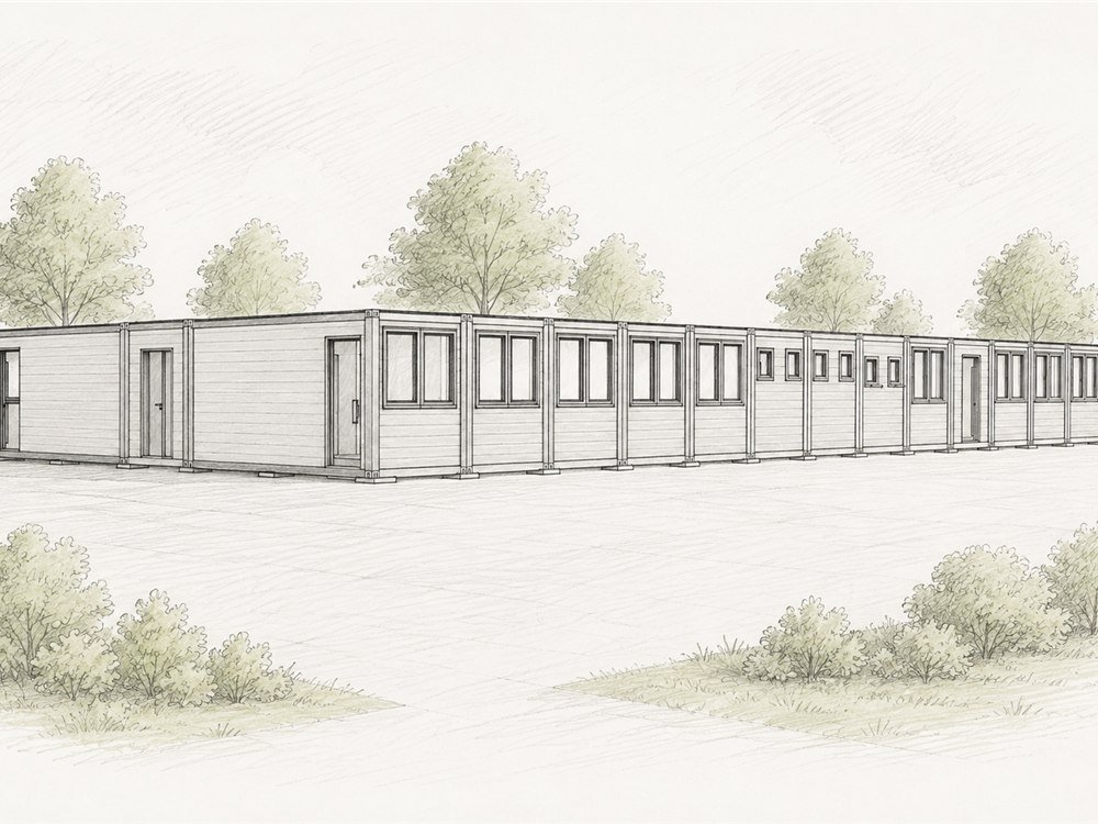 Visualisierung einer Container-Anlage für einen Interimskindergarten, für die wir den Brandschutznachweis sowie Flucht- und Rettungspläne erstellt haben