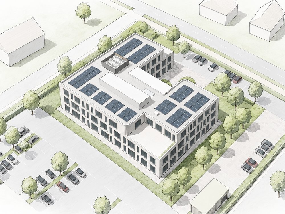 Architekturskizze eines dreigeschossigen Bürogebäudes mit Veranstaltungsfläche und offenem Atrium, für das wir den Brandschutznachweis erstellt haben